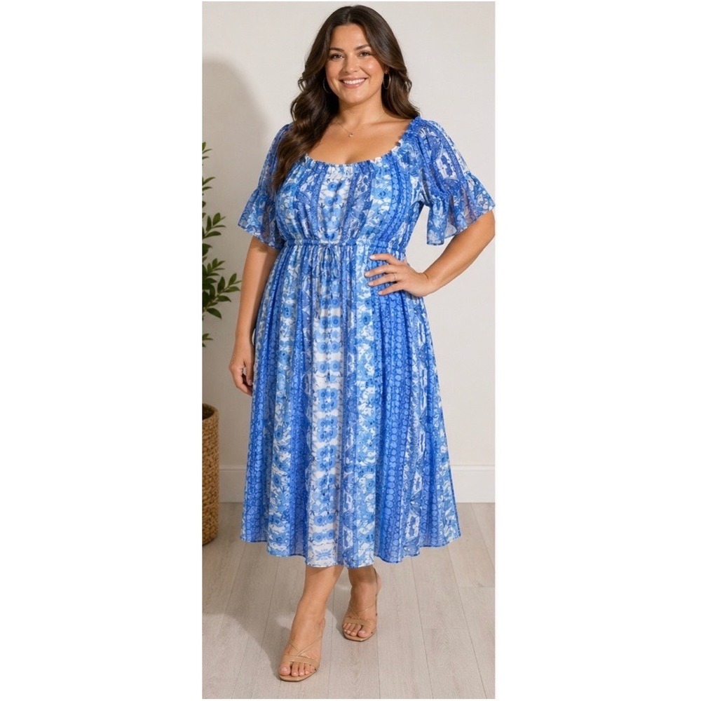 City Chic Size 18 Blue White Floral Midi Dress Drawstring Waist Flutter Sleeve